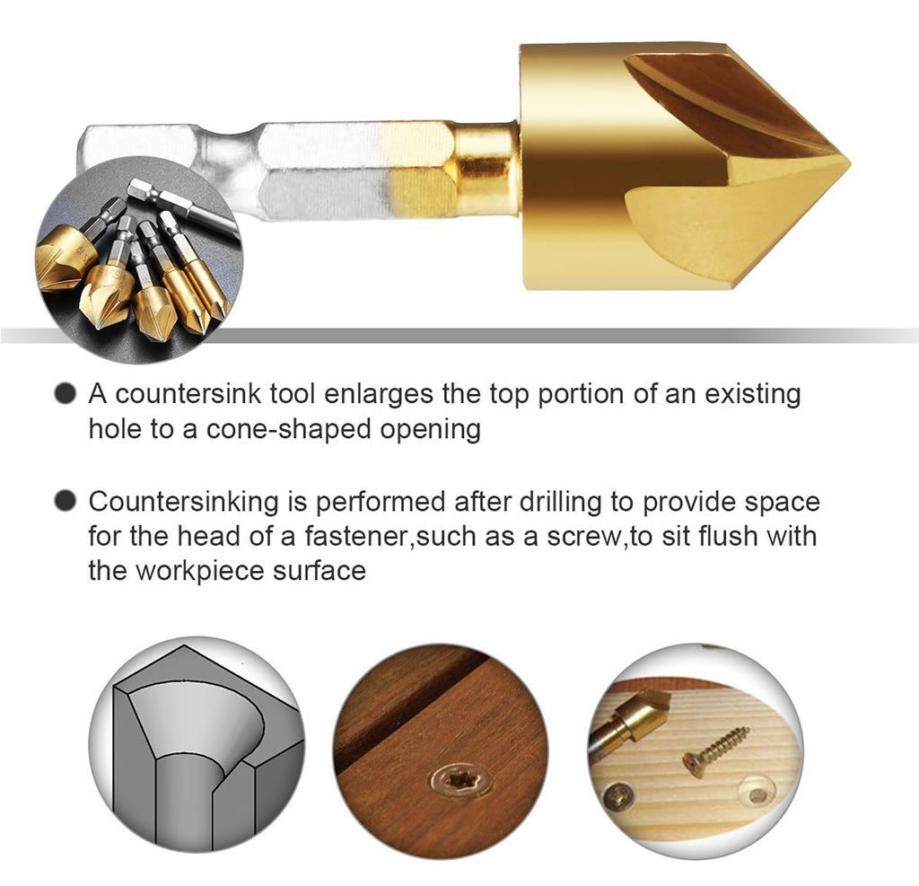Countersink Drill Bit- 6PCS 90 Degree HSS 1/4\'\' Hex Shank 5 Flute Countersink Drill Bit Set for Wood Quick Change Bit 6mm-19mm