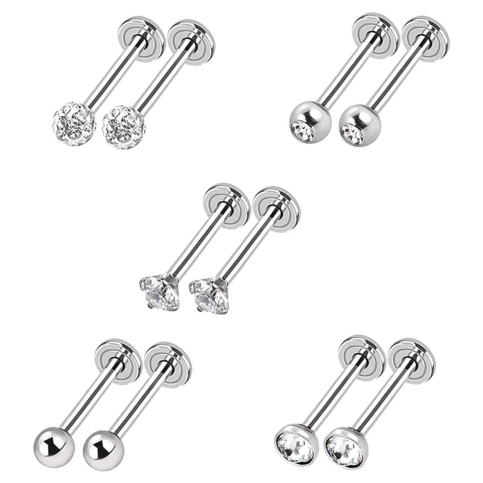 Zeayebsr 5 Styles 16 Gauge inless Steel Nose Studs Tragus Bars Labret Bars Cryl Ball Labret Body Piercing 5 Pairs