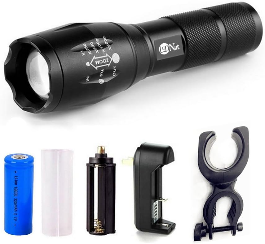 Small Rechargeable Torch, LEDNut 700 lumens Powerful Compact Tactical Flashlight Handheld LED Emergency Safety flashlight with 18650 Battery Bike Mount