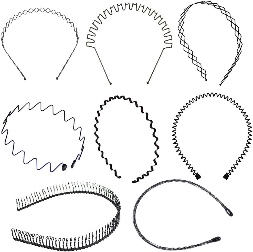 Kehen Headbands with Teeth 8pcs Black Wavy Metal Hair Band Hoop Men Women Headwear Accessories for Bathing,Washing Face