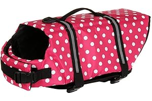 ChezAbbey Dog Life Jacket Adjustable Dog Lifevest Swimsuit Safety Vest Apparel Lifesaver Coat for Small Large Cats Puppy Kitty with Handle Reflective for Swimming and Boating Pink Dot XXS