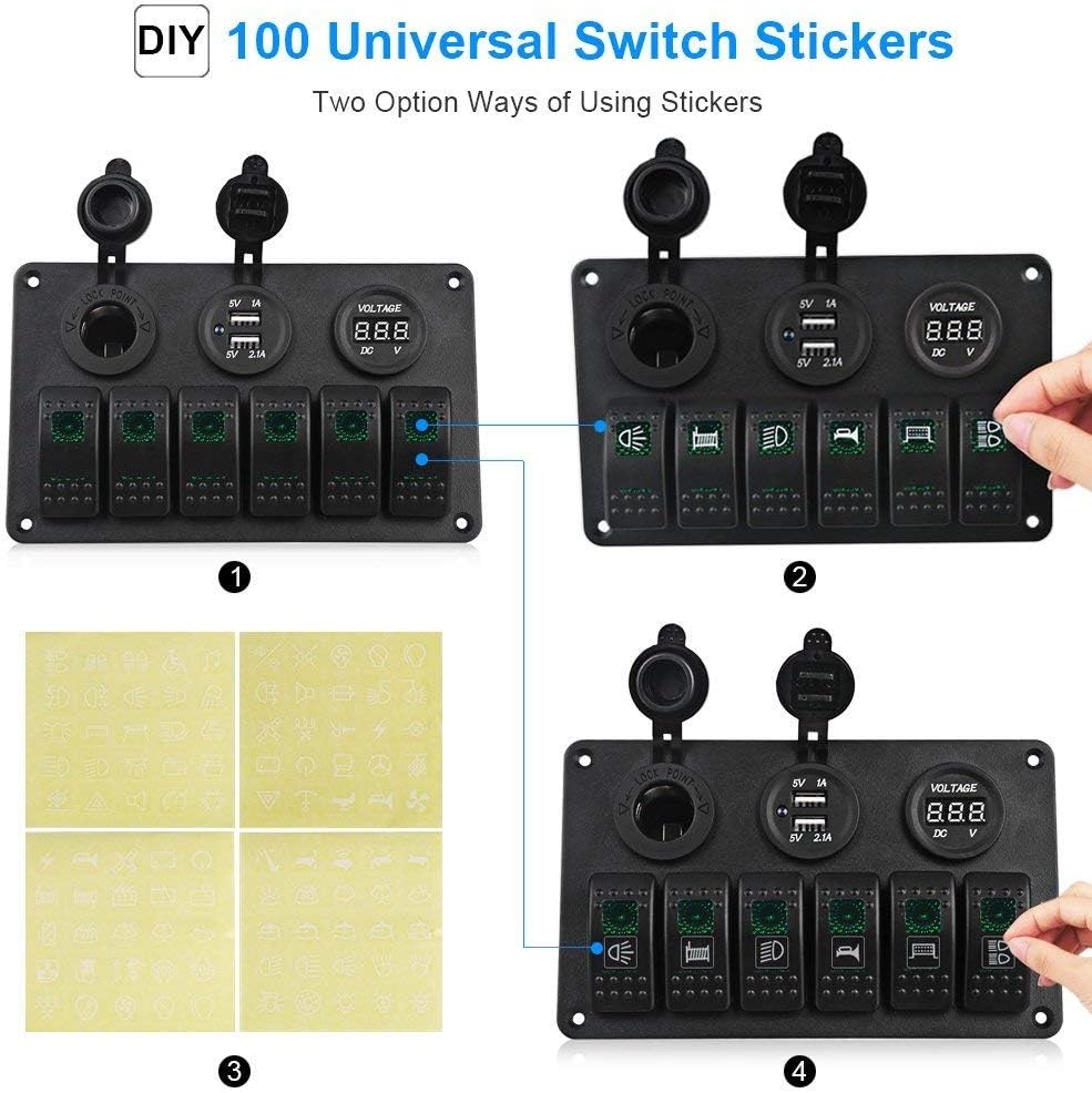 WATERWICH 6 Gang Marine Ignition Toggle Rocker Switch Panel Waterproof with Digital Voltmeter 3.1A Dual USB Charger Cigarette Lighter Socket for RV Car Boat Vehicles Truck Trailer Yacht(6 Gang Green): Automotive