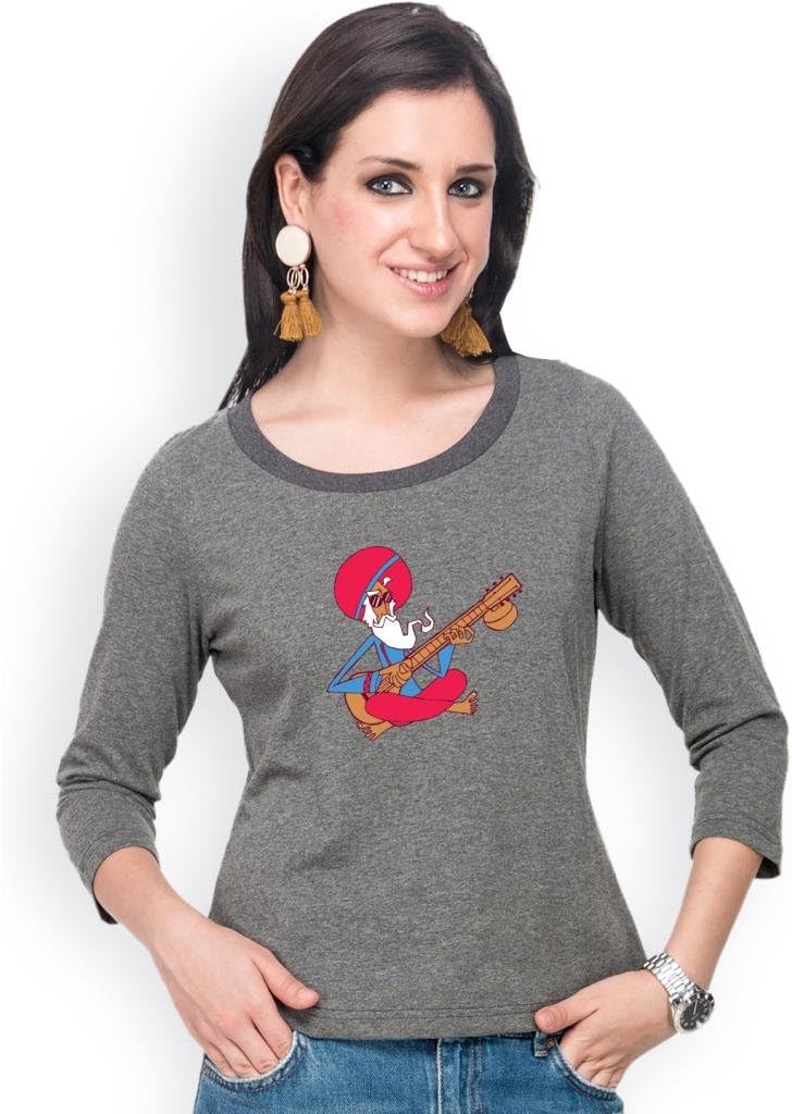 Campus Sutra Grey Women Round Neck Quarter Sleeve T-Shirt Sitar