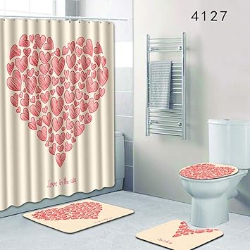 Veecome Loving Heart Pattern Shower Curtain Bath Mat Toilet Rug Cover Durable For Bathroom Decor Amazon In Home Kitchen