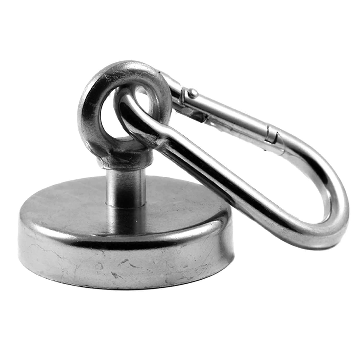 Magnetastico® | Neodymium Eyebolt-Carabiner Magnet N35 75 mm Ø | Holding Force 164 kg | Mega Strong & Powerful Neodymium Pot Magnet snap Hook with Eye, Loop & galvanised | Magnetic karabiner Eyebolt