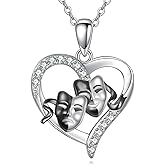 AXOMY Comedy And Tragedy Masks Necklace 925 Sterling Silver Heart Comedy Tragedy Masks Pendant Necklace Theater Jewelry Gifts for Women