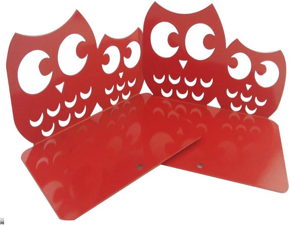Hollow Metal Owl-Shaped Bookend 1 Pair for School Stationery and Office Supply (Red)