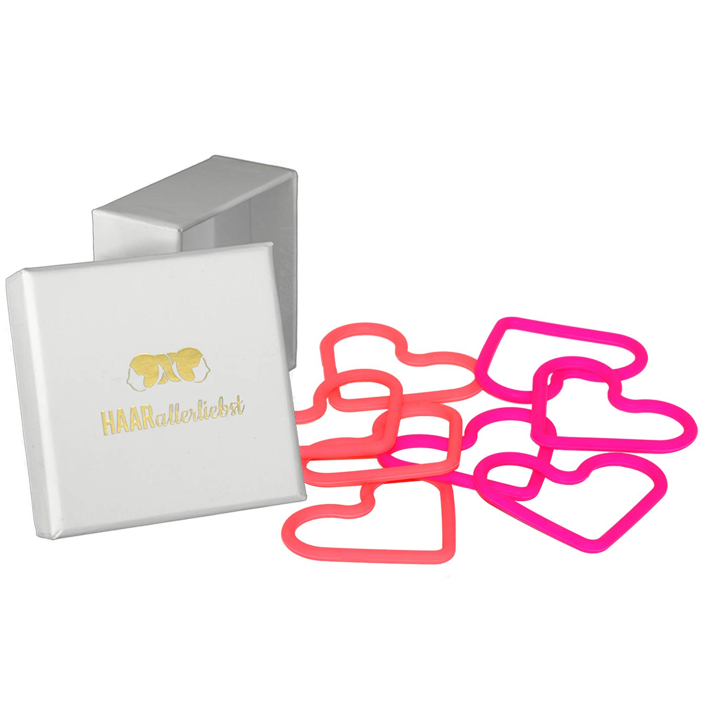 HAARallerliebst Silicone Hair Bobbles Hearts (Pack of 8 | Pink Coral | Heart-Shaped | 5 cm) with Box for Storage (Box Colour: White)