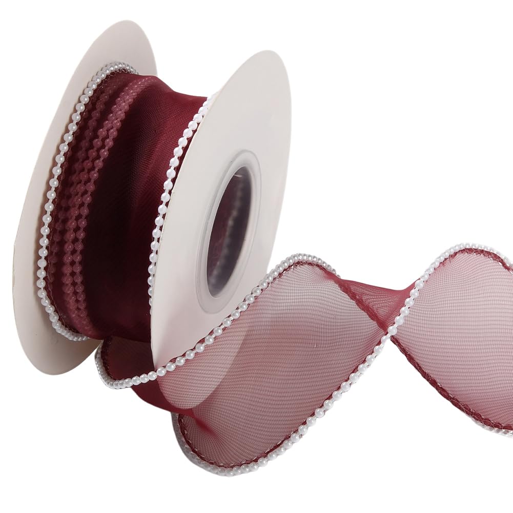 CABODYALS 4.57M 40mm Dark Red Faux Pearl Edge Ribbon Burgundy Sheer Wired Chiffon Organza Mesh Fishtail Yarn Ribbons Bundle Roll with Spool for Sewing Making Craft Gift Wrapping Christmas Party DIY
