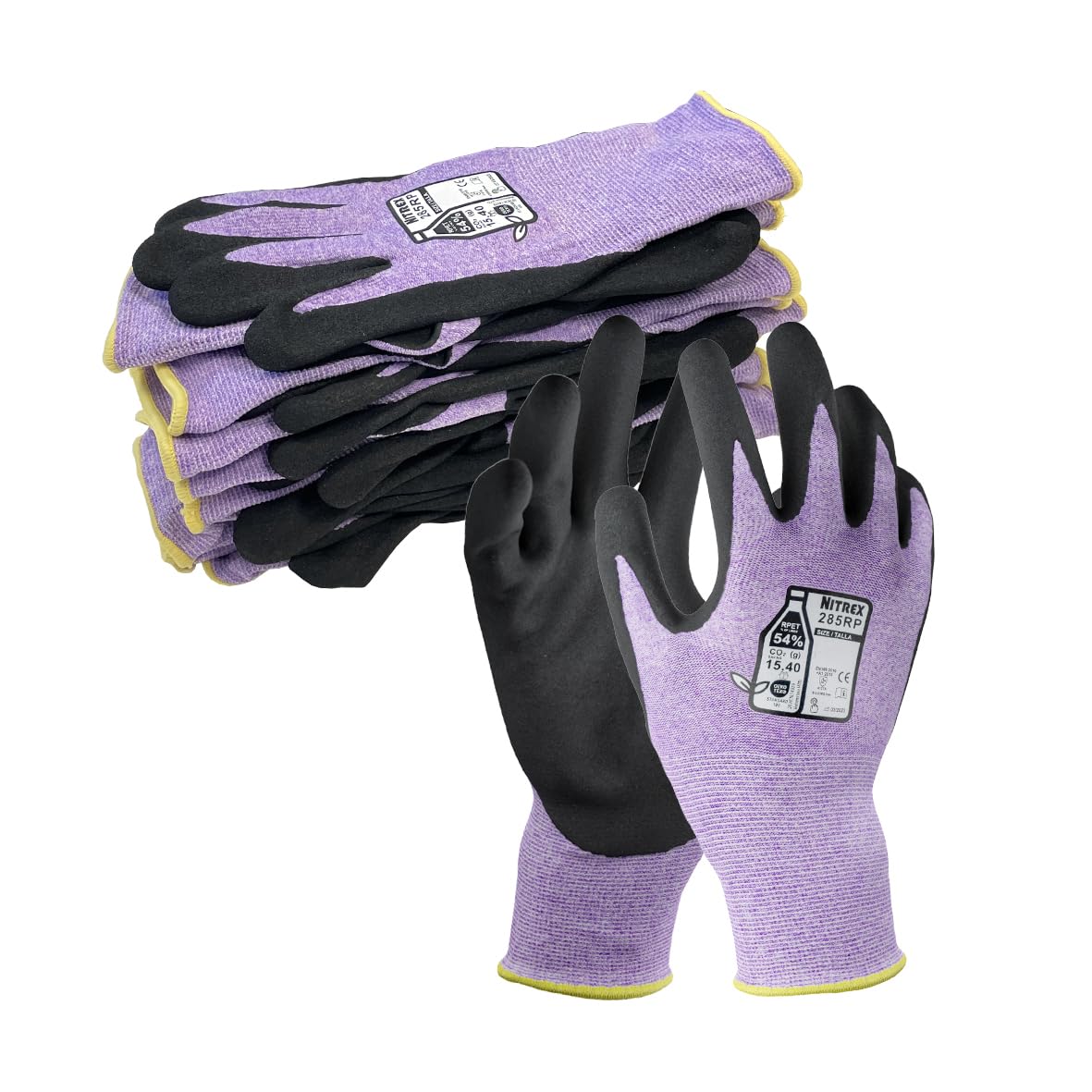 NITREX 285RP 5 Pairs of Work Safety Gloves with NitreGrip Technology, Sandy Nitrile Palm Coated, Touchscreen Gloves, Size 7, Small, Purple/Black