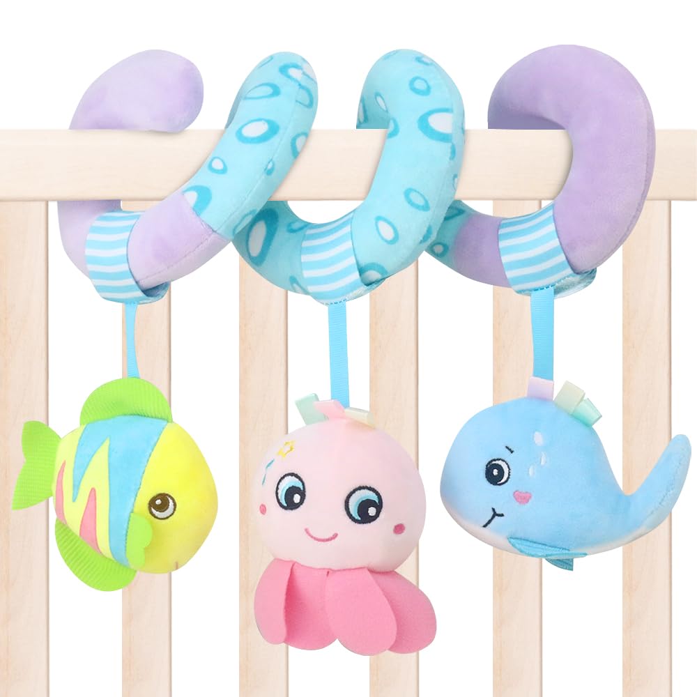 caterbee Car Seat Toys, Baby Activity Spiral Plush Stroller bar Toy with rattle for boy or Girl (Ocean)
