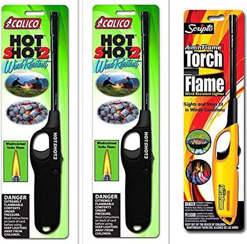 3 Pack Combo - 2 pack Calico HOT SHOT 2 Wind Resistant Lighters + Scripto Multi Purpose Lighter (Random Color) (Aim'n Flame II Wind Resistant