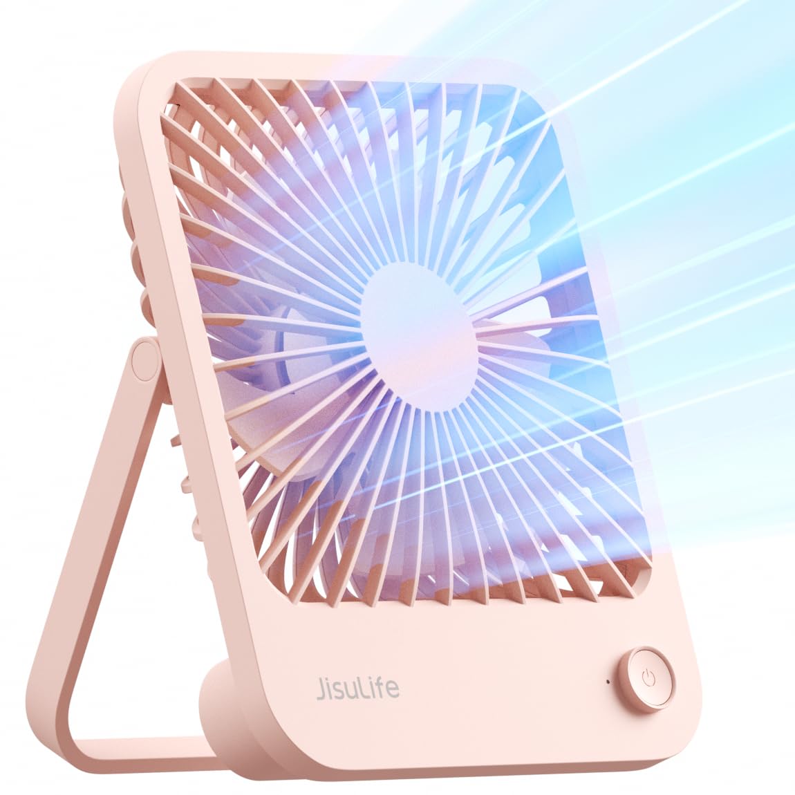 JISULIFE Desk Fan Battery Rechargable Fan，180°Foldable Portable Personal Fan, 4 Speeds Adjustable for Home Office Travel Outdoor-Pink