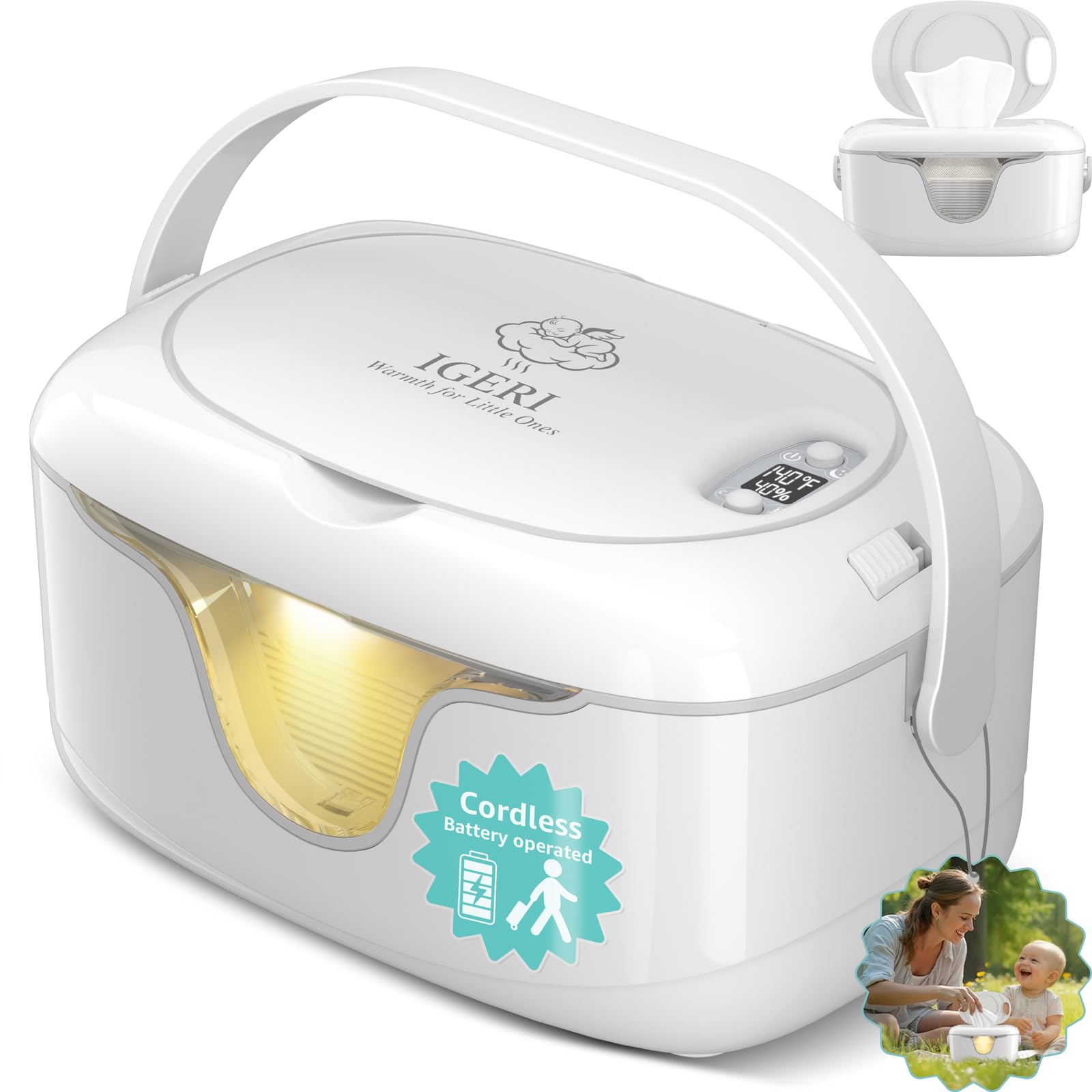Photo 1 of IGERI Portable Wipe Warmer and Wet Diaper Wipes Dispenser Cordless Battery Operated Travel Wetwipe Warmers Rechargeable with Nightlight Temperature Control