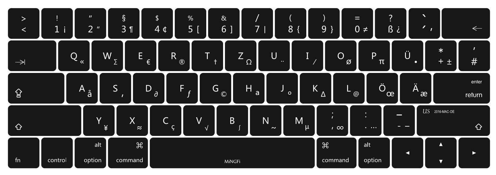 MiNGFi Silicone German QWERTZ Keyboard Cover for MacBook Pro 13" A1706/A1989/A2159 (2016–2020), Pro 15" A1707/A1990 (2016–2019) US/ANSI Layout - Black