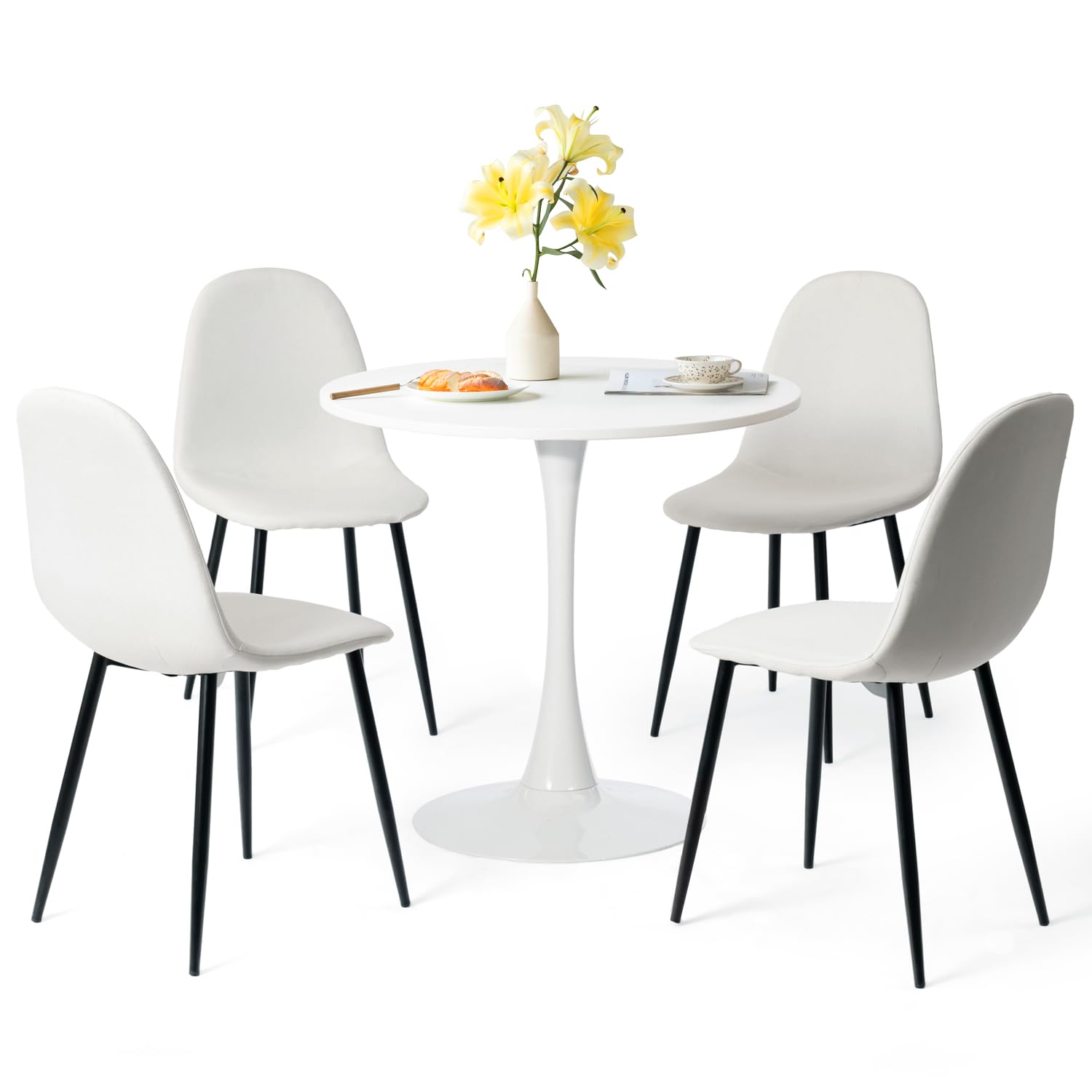 Photo 1 of Dining Table Set for 4, Kitchen Table with Pedestal Base and Chairs for 2-4 People, 5 Piece Kitchen Table Sets, Round Dining Room Table Set with 4 Fabric Chairs Beige, White Table