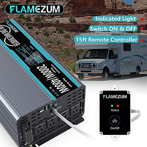 FLAMEZUM Pure Sine Wave Power Inverter 2000Watt 12V DC to 110V/120V