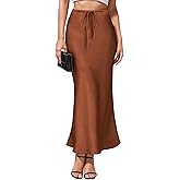 Women's Maxi Skirts Satin Drawstring High Waisted Silk Elegant Flowy Casual A-Line Long Skirt for Women