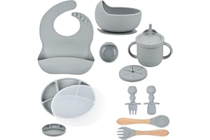 GENERIC Maxsprout Baby Silicone Feeding Set for 6 Months and Up-Bowl with Suction, Divided Plate With Lid, Cup W/Straw & Snack Lid & More - BPA free-Toddler Self Feeding Utensils - Baby Led Weaning(Set of 12)