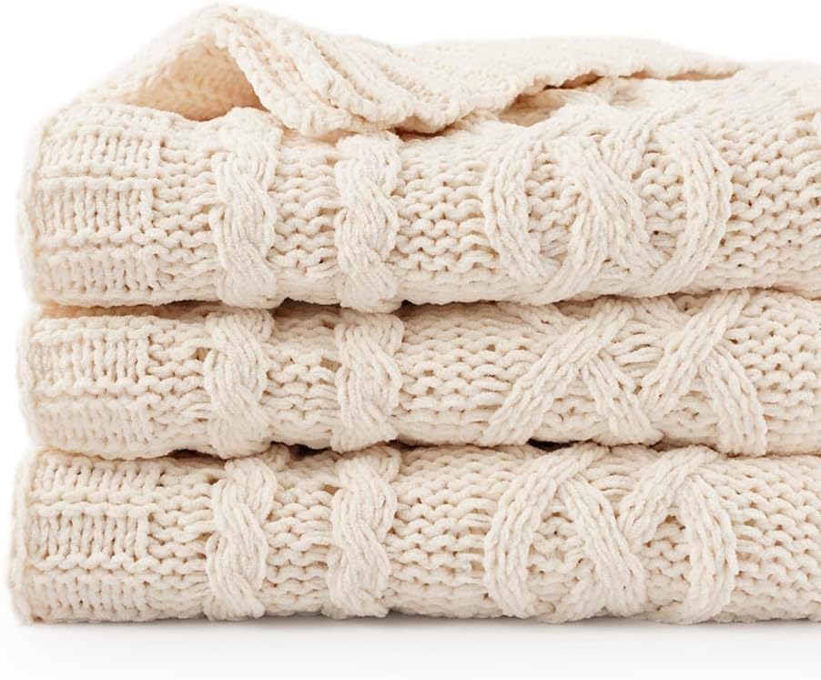 Battilo Cream Throw Blanket for Sofa Bed Couch Chair, Cream Knit Blanket, Soft Warm Cozy Decorative White Sofa Throw, Bed Blanket, 130x170cm