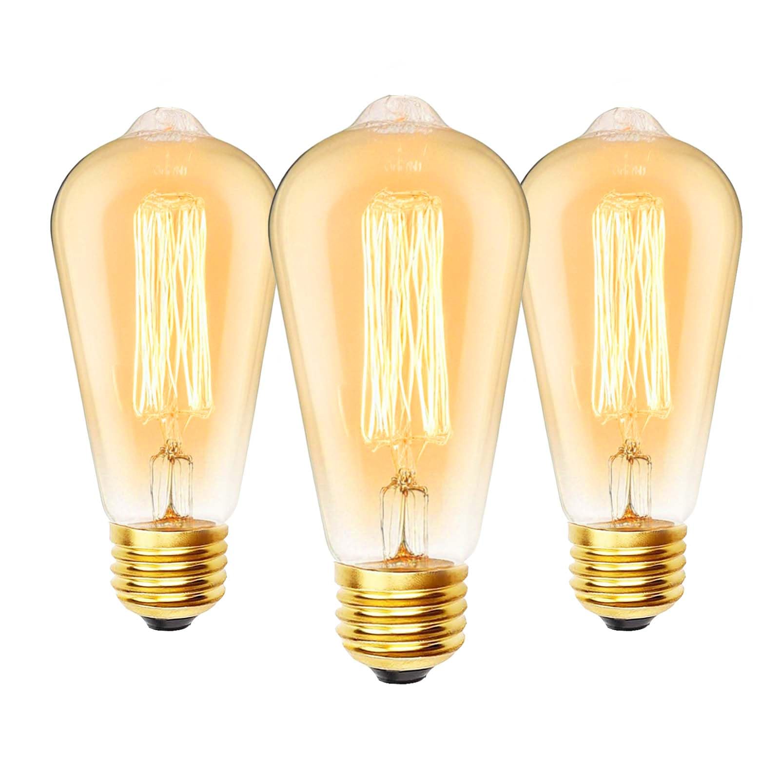 JQslight E27 Edison Screw Bulb 60W，St64 Vintage Light Bulbs，2700K Warm White Dimmable，600LM， Amber Retro Style Energy Saving Filament Decorative Bulbs，Pack of 3.