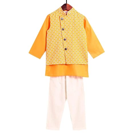 Amber By Hopscotch Boys Cotton Kurta With Buti Jacket And Pajama (Set Of 3) in Orange Color