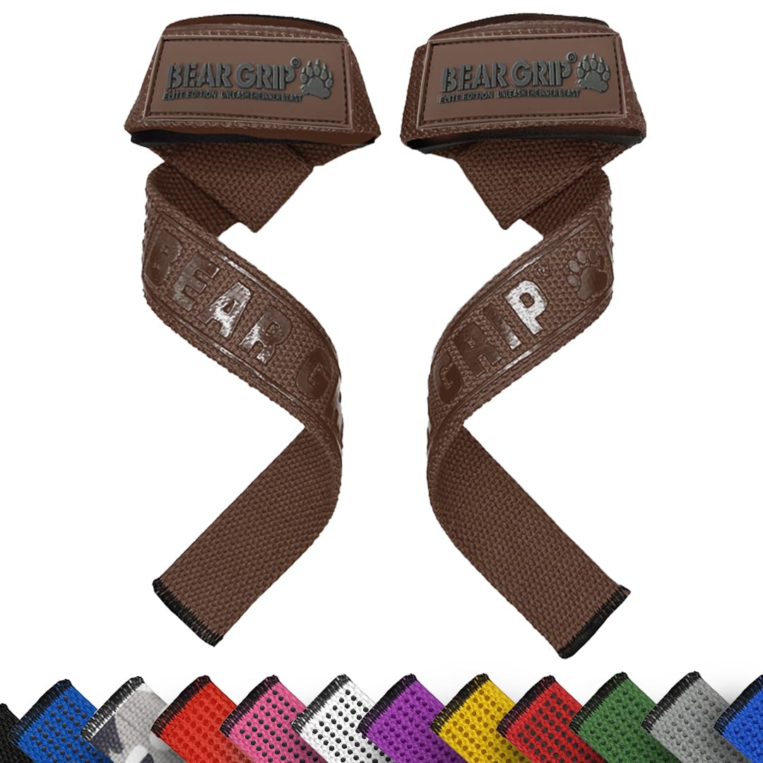 BEAR GRIP Straps - Premium Neoprene padded Heavy Duty double stitched weight lifting gym straps, Gel grip, 100% cotton, Extra long length (Brown)