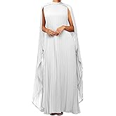 Seltaon Women's Chiffon Pleated Flowy Maxi Dresses Cape Sleeve Pleated Cocktail Evening Party Dress