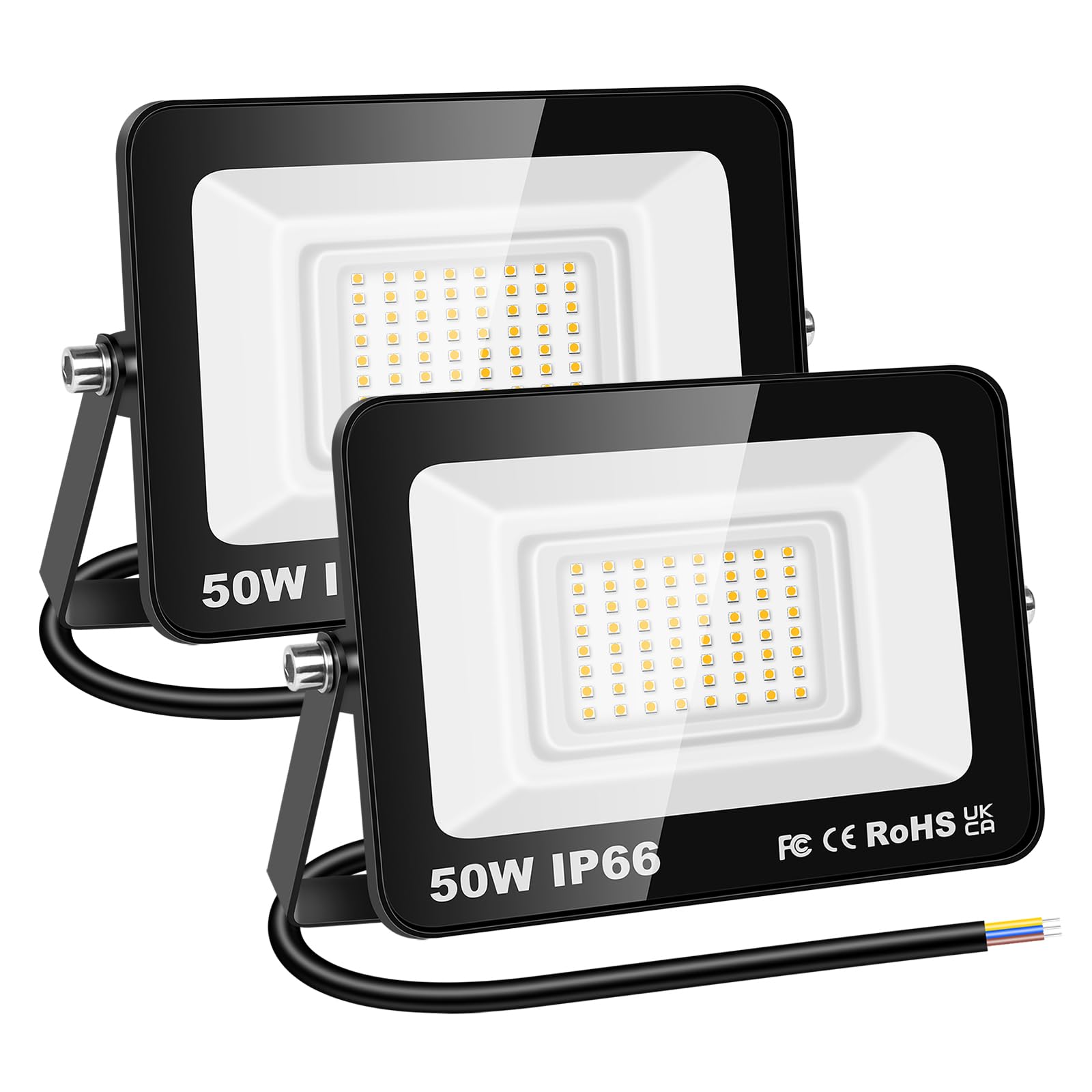 RIGIDON 2 Pcs Outdoor Flood LED Work Light, 50W 5000 Lumens Floodlight, Daylight Warm White Security Lights for Garden Yard Lawn Basketball Football Court Patio Landscape, IP66 Waterproof 3000K