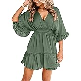 Aoysky Womens V Neck Casual Dresses Summer Loose High Waist Ruffle Pleated Cute Mini Short Dress