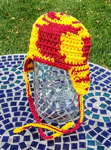 Hand Crocheted Football Helmet Ear Flap Hat, Baby to Toddler, maroon and gold (Washington, San Francisco, Minnesota, Arizona State, Florida State, USC, Duluth)