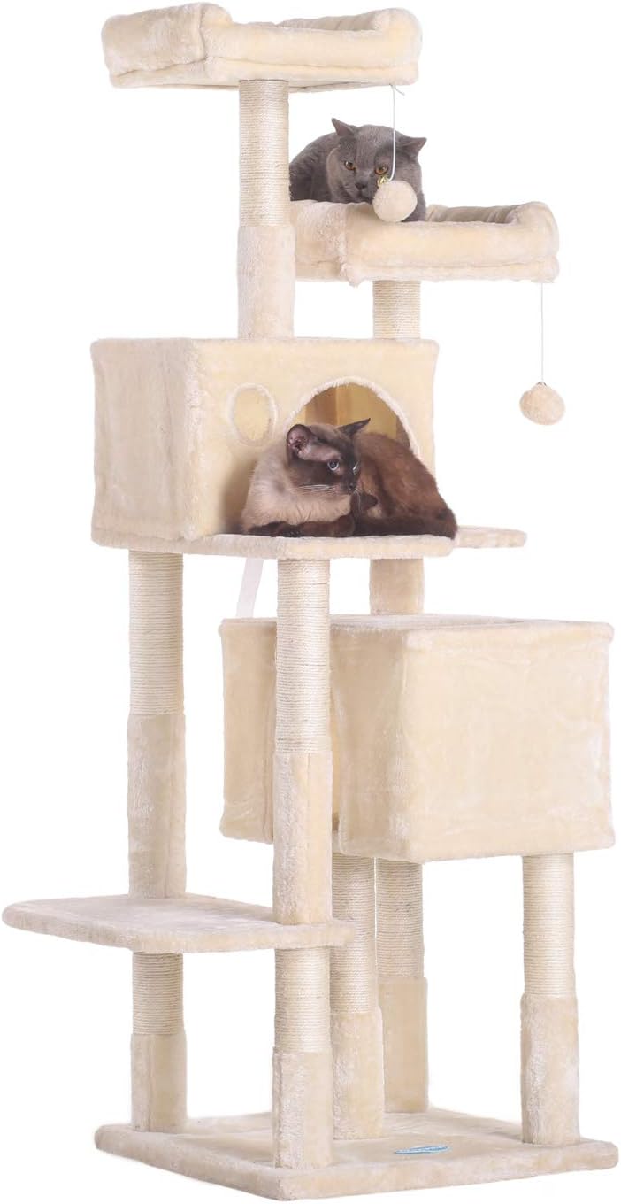 Hey-brother 60 inches Multi-Level Cat Tree Condo Furniture with Sisal-Covered Scratching Posts, 2 Plush Condos, 2 Plush Perches, for Kittens, Cats and Pets, Beige MPJ012M : Pet Supplies