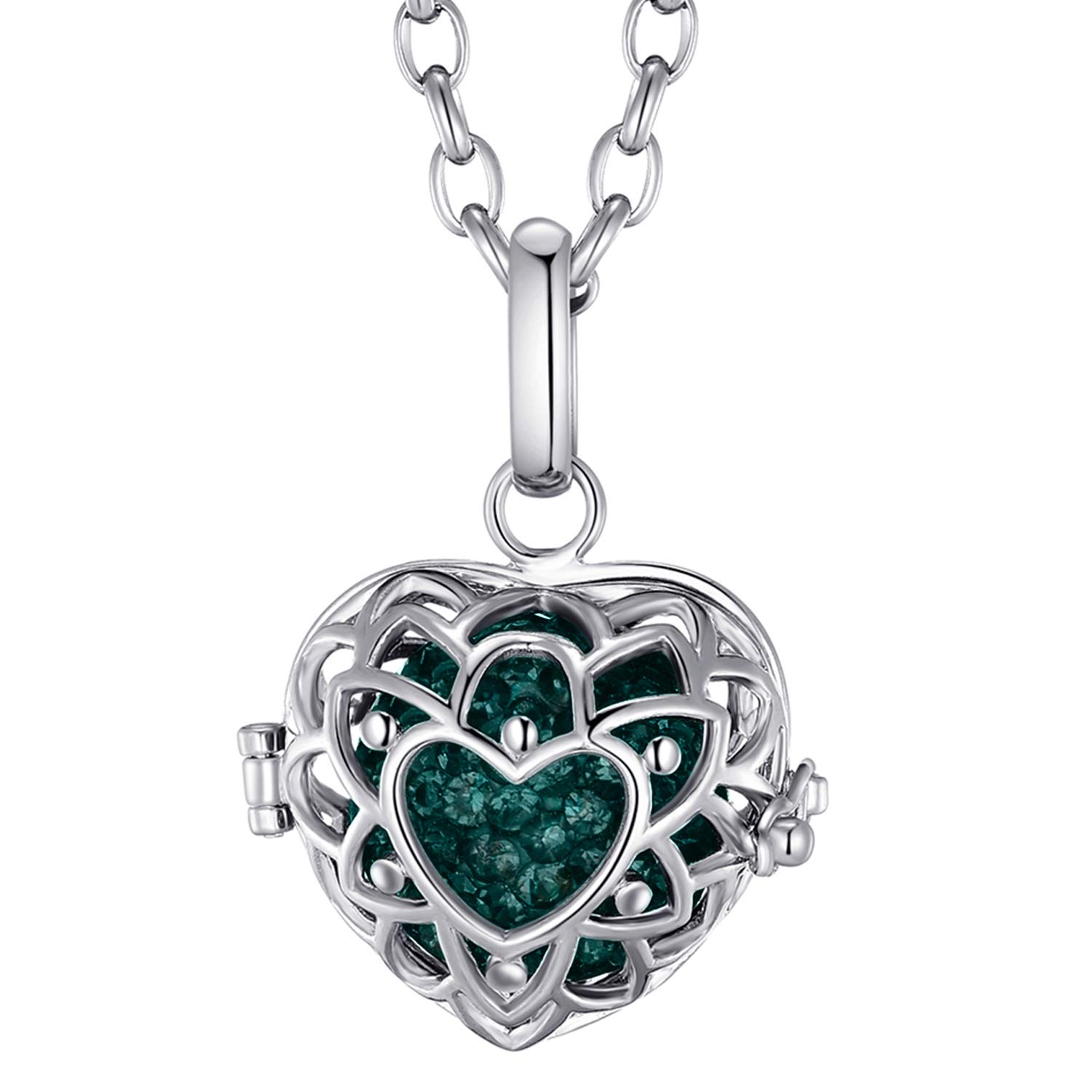 Morella Women Necklace Stainless Steel 70 cm 27,5" with Heart-Shaped Pendant with Sound Ball Zirkonia Dark Green Ø 16 mm 0,63" in a Velvet Jewelry Bag