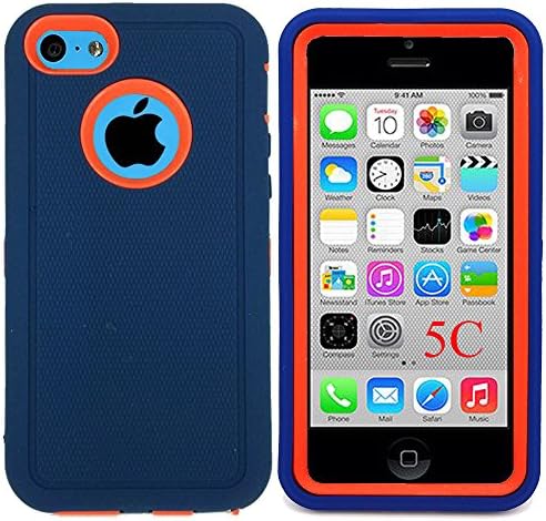 Generic for iphone 5c Cover, 3 in 1 Defender Series Heavy Duty Tough Armor Shockproof Rugged Silicon Rubber Impact Drop Scratch Resistant Builders Hybrid Built-in Screen Protector Bumper Case for iphone 5c for Girls & Boys(not for iphone 5/5s) (Hole: Dark Blue + Orange)