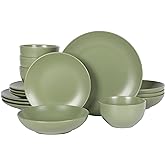Gibson Home Queenslane 16-Piece Matte Green Stoneware Dinnerware Set – Double Bowl Plates and Bowls, Durable Kitchen Dinner Set