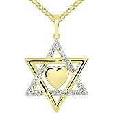 Jewelry America 14k Yellow Gold Hebrew Love CZ Star of David with Heart Pendant Cuban Necklace
