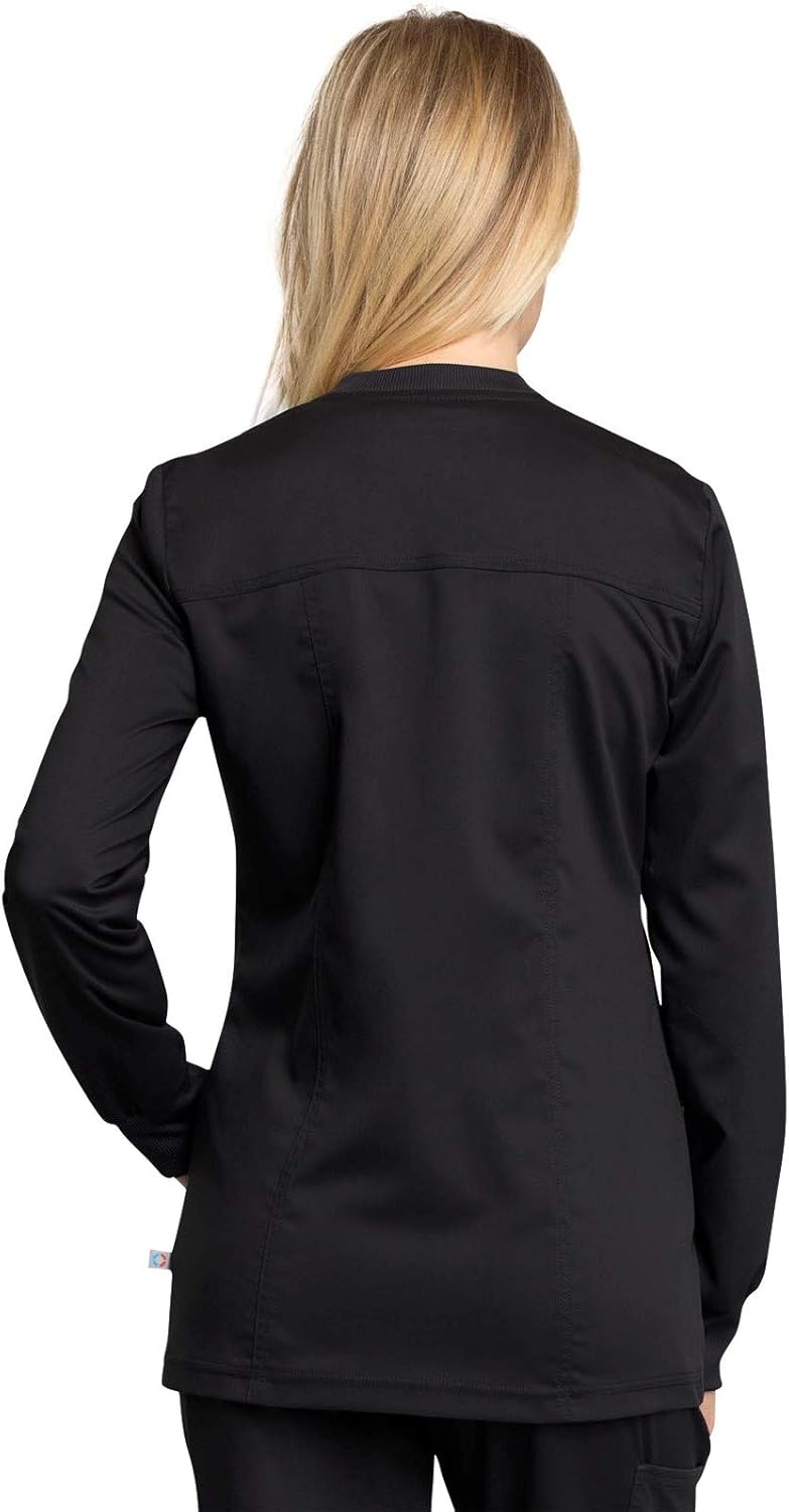 Cherokee Workwear Revolution Tech Zip Front Warm-Up Scrub Jacket, M, Black: Clothing