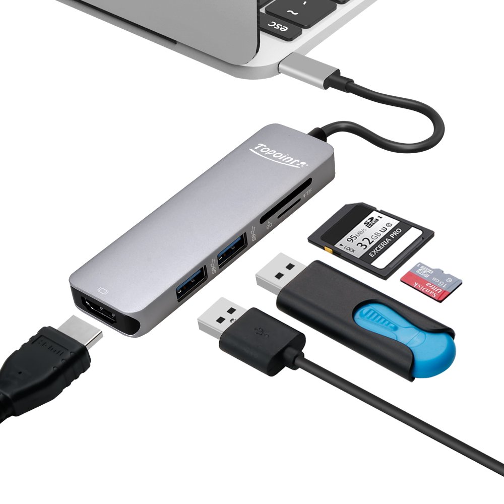USB C Hub,Topoint 5 in 1 Type C USB 3.1 Adapter bis HDMI 4K-Adapter mit 2 USB 3.0 Anschlüsse SD / TF-Kartenleser für neues MacBook / MacBook Pro 2015/2016/2017, andere USB-C-Port Ausgerüstet Devices