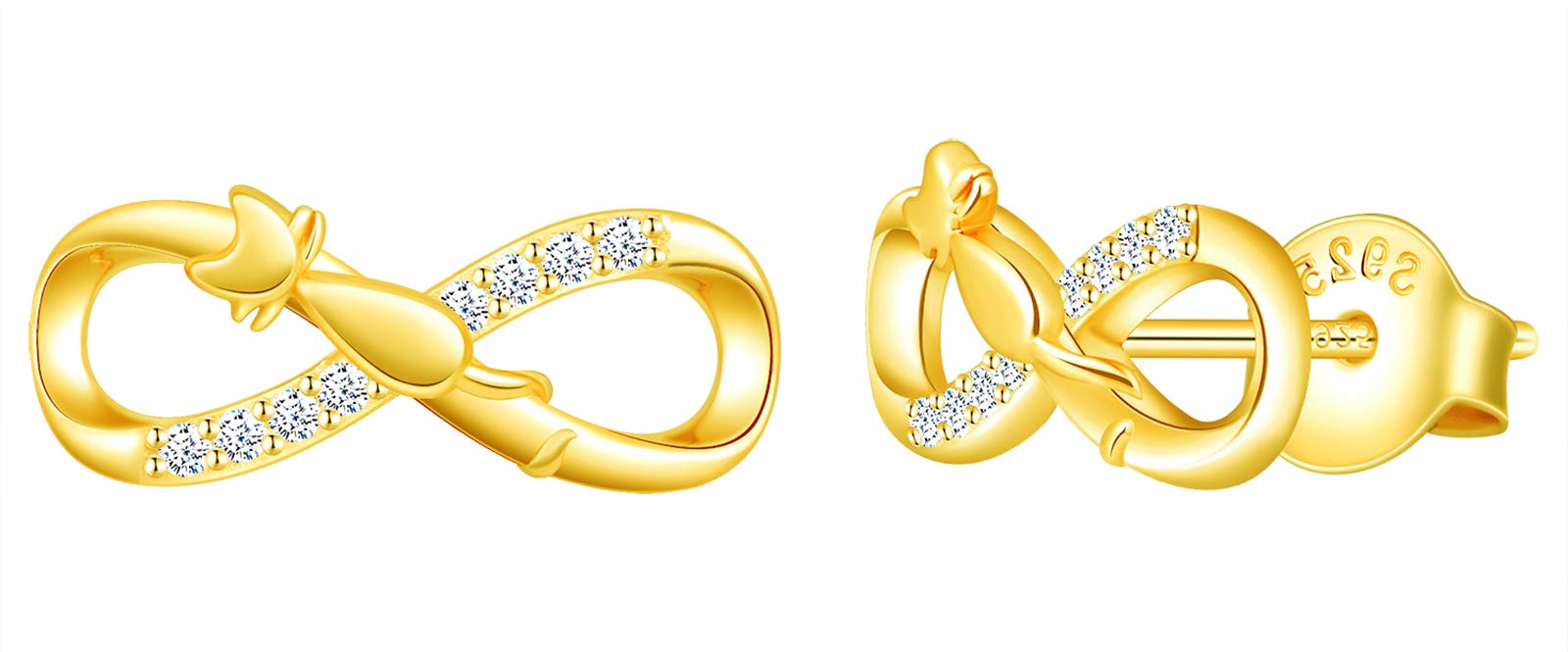 MicLee Woman's girl's Earrings, 925 Sterling silver earrings, Mini Cat and infinity symbol earrings studs, Inlaid zircon, gold
