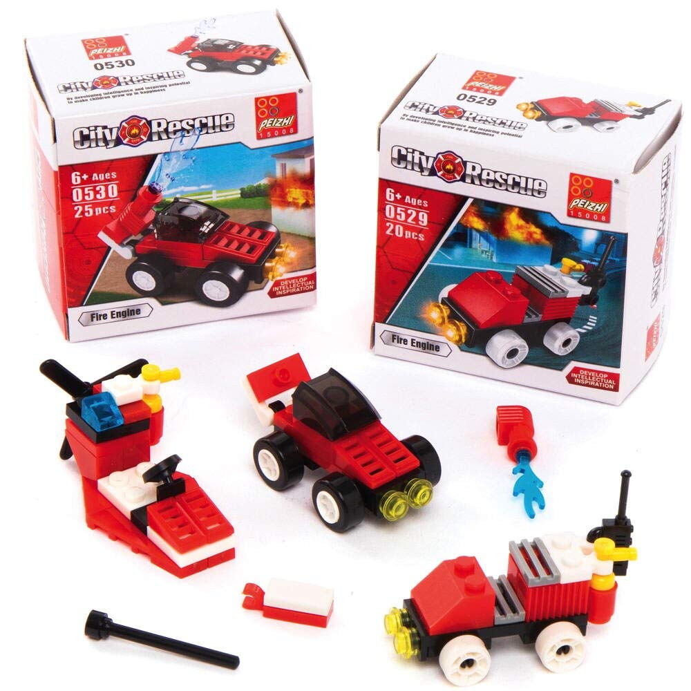 Baker Ross AX380 Fire Rescue Building Brick Kits - Pack of 4, Fire Truck Construction Toys for Kids Great for Small Gifts, Party Favours and Pocket Money Toys