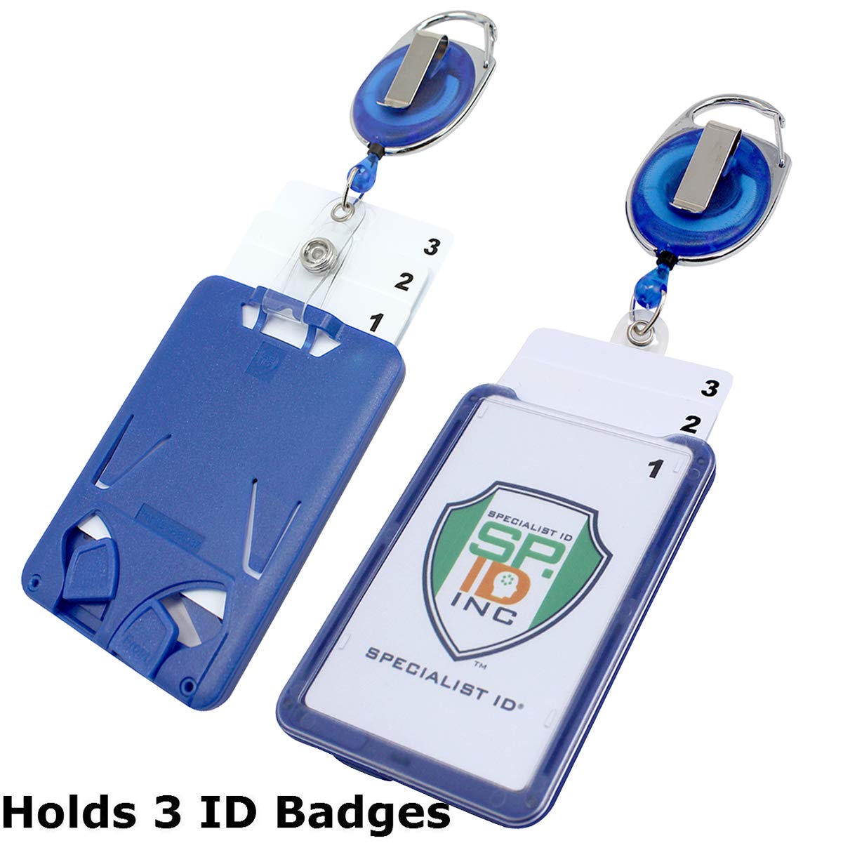 2 Pack - Hard Plastic 3 Card Badge Holder with Retractable Reel - Retracting ID Lanyard Features Belt Clip & Carabiner - Rigid Vertical CAC Holder - Top Load Holds Three Cards by Specialist ID (Blue)