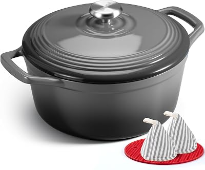 Overmont Enamelled Cast Iron Casserole Pot 26 cm 5.2L with Lid Grey