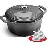 Overmont Refined Enameled Cast Iron Dutch Oven - 5.5QT Pot with Wide Handles Lid Cookbook & Cotton Potholders - Heavy-Duty Pre-Seasoned Cookware Oven Safe to 500°F for Braising, Stews, Roasting, Bread Baking