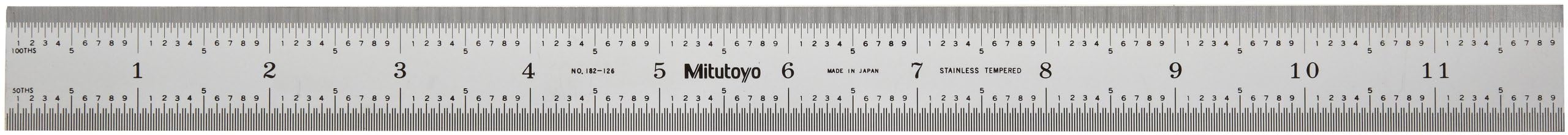 Mitutoyo 182-126, Steel Rule, 12"/300mm (1/50, 1/100", 1mm, 0.5mm), 3/64" Thick X 1" Wide, Satin Chrome Finish Tempered Stainless Steel