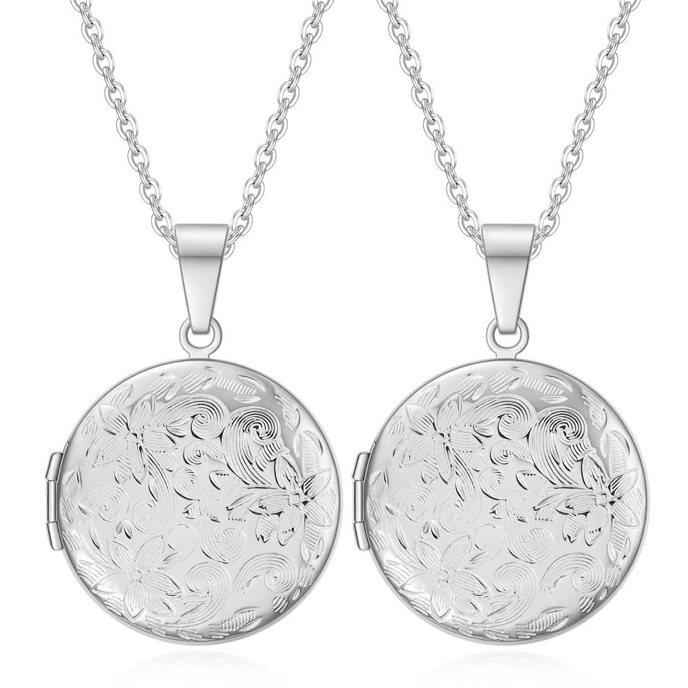 Liitata 2 Pcs Round Locket Necklace That Holds Pictures Flower Lockets Necklaces Stainless Steel Photo Memory Necklace Chain for Women Girls Birthday Gift Souvenir - Silver