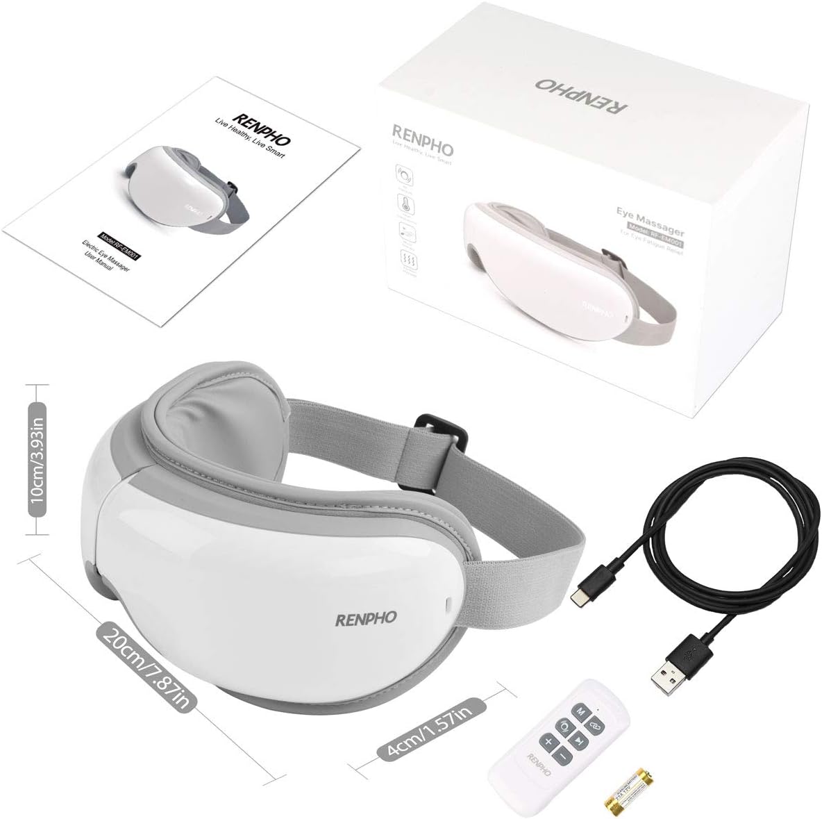 RENPHO 2.0 - Eye Massager with Remote Control & Heat, Compression Bluetooth Music Rechargeable Eye Therapy Massager for Relieve Eye Strain Dark Circles Eye Bags Dry Eye Improve Sleep (White): Health & Personal Care