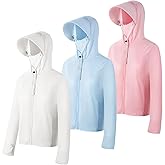 Patelai 3pcs Women's Sun Protection Hoodie Clothing UPF 50+ Jacket with Face Mask Lightweight Full Zip up Long Sleeve Sun Shirt Hiking Running Outdoor Cool UV Block White Pink Blue