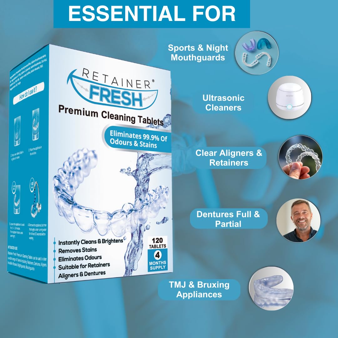 Retainer Cleaner Tablets - 120 Tablets 4 Month Retainer Fresh - Retainer Cleaning Tablets, Mouth Guard Cleaner, Denture Cleaner, Aligner Cleaner, Brite Retainer Tablets
