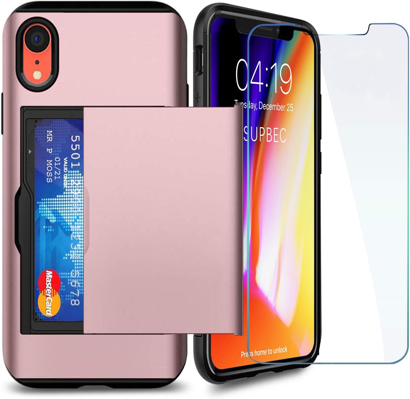 SUPBEC iPhone XR Case with Card Holder and[ Screen Protector Tempered Glass x2Pack] i Phone xr Wallet Case Cover with Shockproof Silicone TPU + Anti-Scratch Hard PC - Full Protective (Rose Gold)