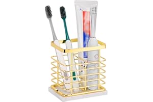 HarJue Toothbrush Holder, Luxurious Metal Toothbrush Toothpaste Holder with Marble Base for Bathroom, Multi-Slots Openwork Design, Bathroom Accessory for Storage and Organizer (Small, Gold)